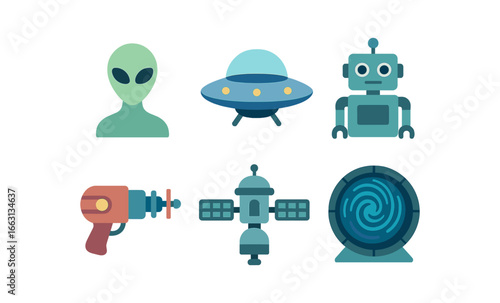 Retro futuristic alien and space elements in flat style