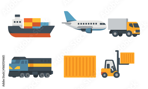 Flat design logistics icons: ship, plane, truck, train, forklift, cargo