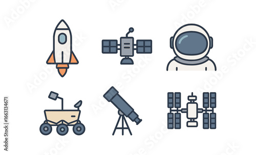 Space exploration icons set featuring rocket, astronaut, satellite, rover, telescope, space station