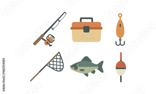 Glowing fishing gear icons: tackle box, rod, and more in flat design