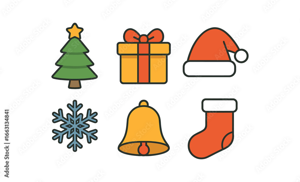 Fototapeta premium Festive christmas icons featuring tree, gift, santa hat, and more in flat style
