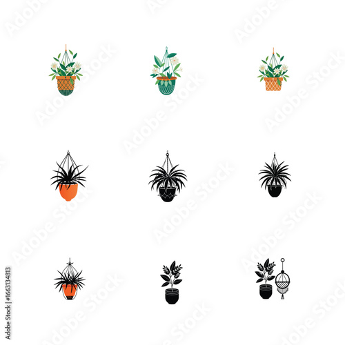 Plant and Flower hanging pots vector illustration, set on white background. Contains like home decor with houseplant, blossom plant, floral, wildflower, botanical, macrame flower pots.