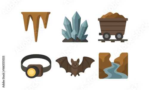 Cave exploration icons: minerals, gear, wildlife, and terrain in flat design