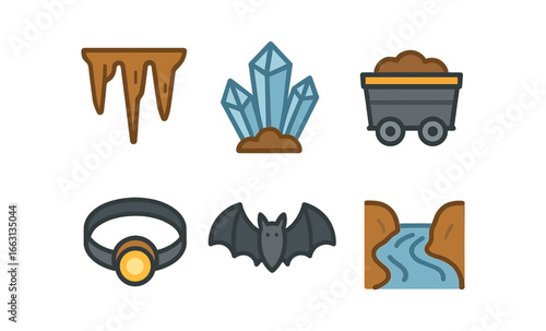 Mining icons set featuring stalactites, crystals, and mining cart in modern flat style