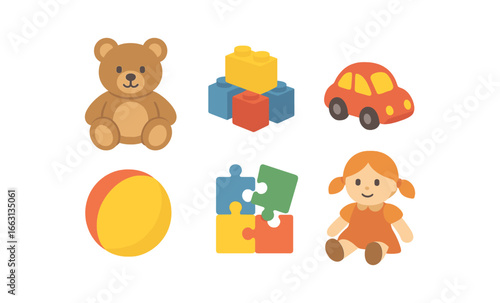 Colorful children's toys set featuring puzzle, blocks, and teddy bear design in flat style