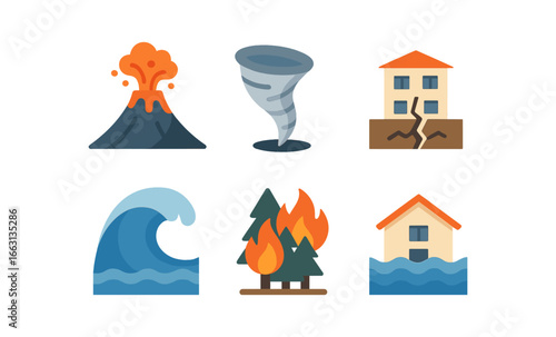 Natural disasters icons set: volcanic eruption, tornado, earthquake, tsunami, wildfire, flood