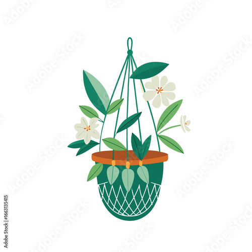 Vector illustration of a macrame hanging planter with a flowering plant, on a white background.