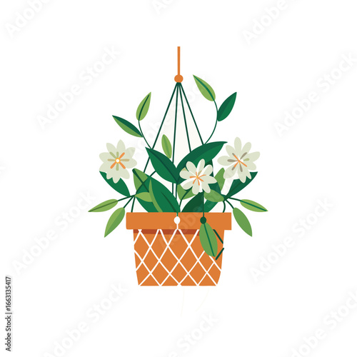 Vector illustration of a macrame hanging planter with a flowering plant, on a white background.