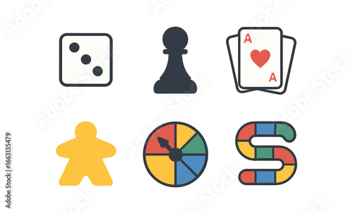 Board game icons: dice, chess, playing cards, game pieces, and spinner