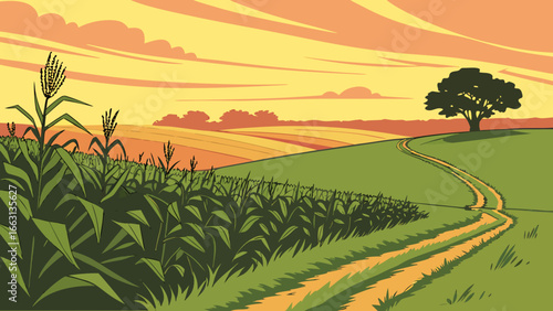 sunset casting a golden glow over vibrant green farmland  vector illustration.