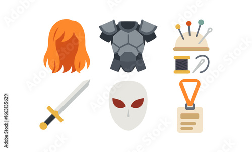 Fantasy costume essentials collection featuring armor, sword, mask, and crafting tools in flat design