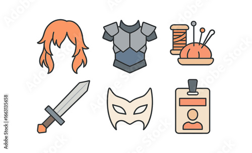 Fantasy cosplay essentials: armor, sword, and mask in modern icon set