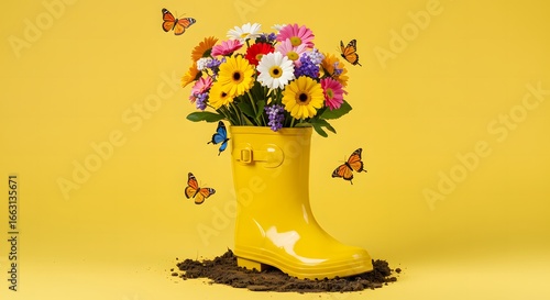 Flower Bouquet in Yellow Rain Boot with Butterflies on Yellow Background