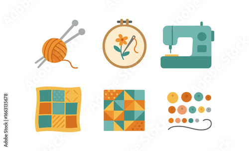 Glowing craft icons: sewing machine, embroidery, quilting patterns, and knitting yarn in vibrant light style