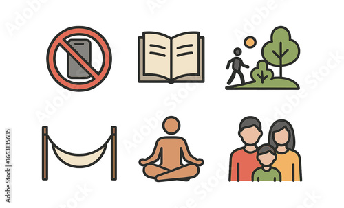 Set of leisure activities: yoga, reading, nature walk, family time, disconnect zone, relaxing hammock