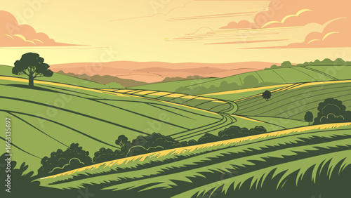 sunset casting a golden glow over vibrant green farmland  vector illustration.