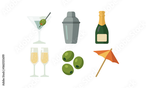 Elegant cocktail elements highlighting glasses, shaker, and garnishes with a glow effect