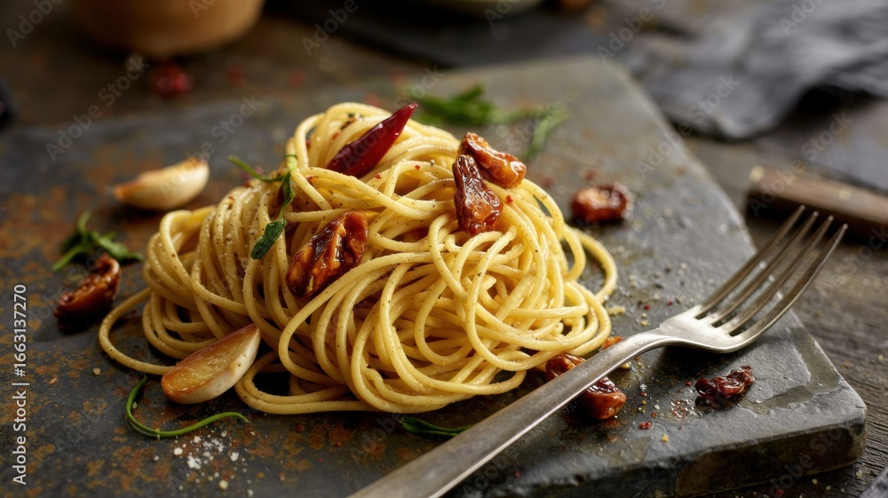 custom made wallpaper toronto digitalA plate of spaghetti laid in a relaxed nest, drizzled with olive oil and garnished with garlic slices, crispy red chili pepper and caramelized pieces of candied garlic.