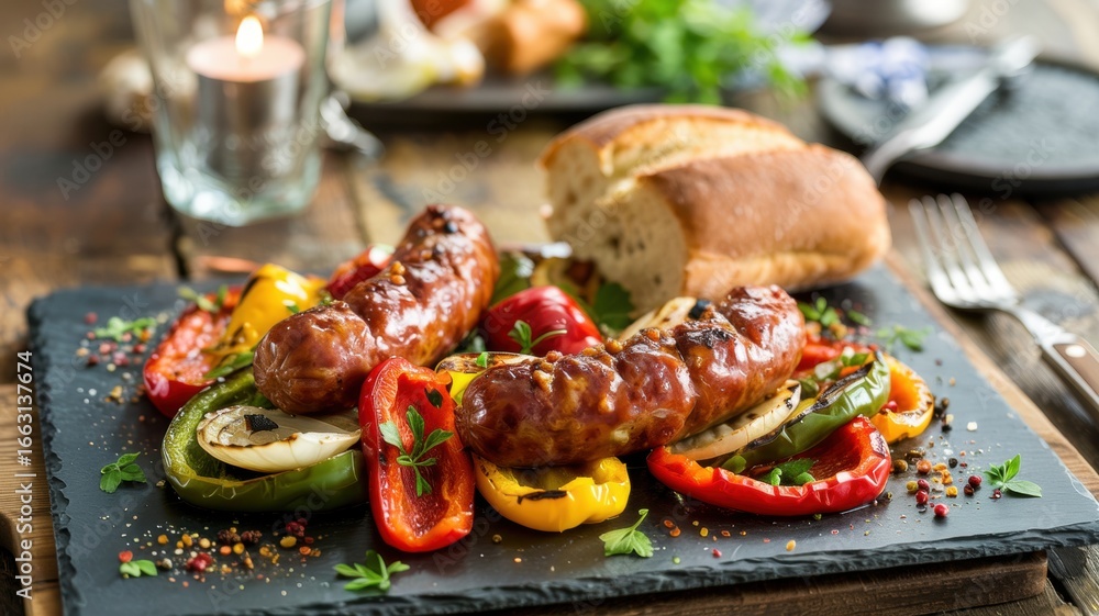 custom made wallpaper toronto digitalJuicy Italian caramelized sausages, cut in half, soaked in herbs and grilled with pepper and onion. The dish is lightly drizzled with olive oil. It is served on a slate.