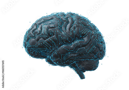 Futuristic brain with glowing circuit patterns symbolizes artificial intelligence and advanced neural networks innovating new technologies for cutting edge research
