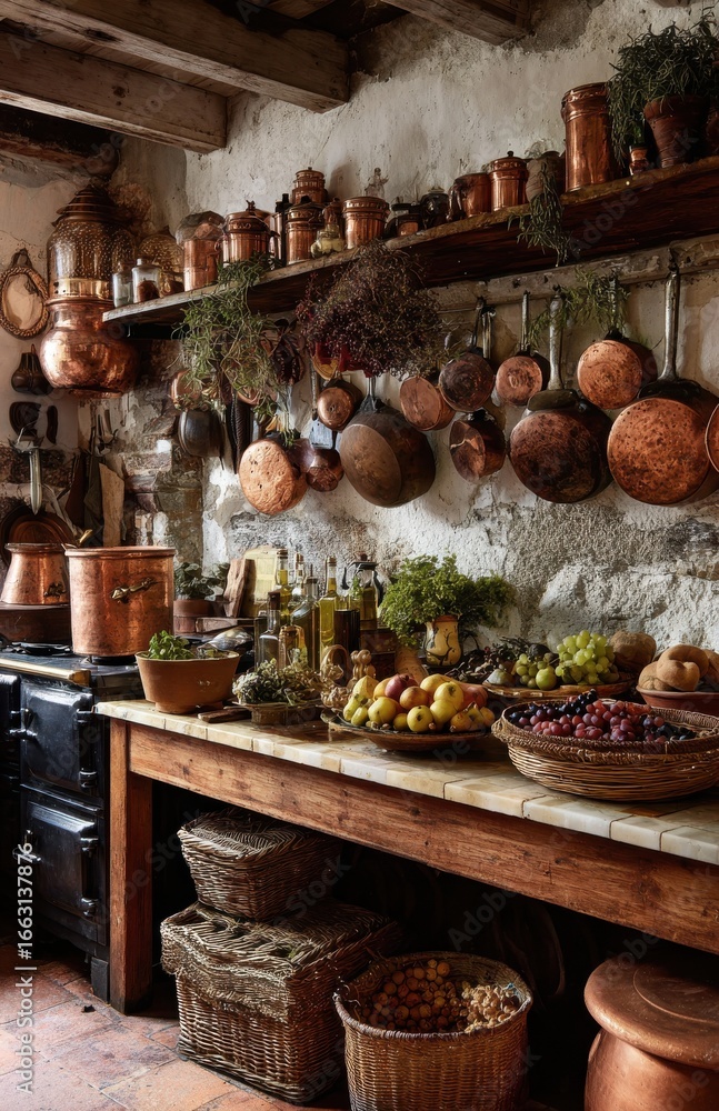 Fototapeta premium Rustic kitchen showing copper cookware, fresh produce, and dried herbs