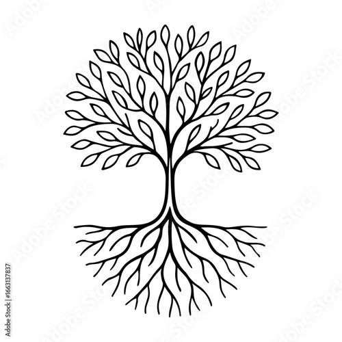 Tree with leaves and roots outline icon line art, black and white doodle style. Ideal for logo, tattoo, app, coloring book, web design, infographics, banner, poster. Vector illustration