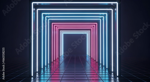 Abstract futuristic blue and pink neon light background, Reflective empty room with neon tube. vector illustration