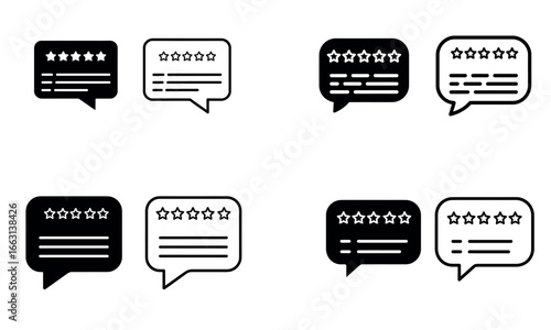 Vector icons of chat bubbles with star ratings and feedback messages in black and white design
