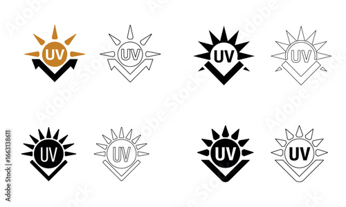 Collection of uv protection icons with sun rays and shield symbols in flat design style illustration
