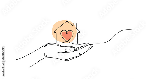 Hand cradling home with heart concept, showing love, care, and security, minimalist style