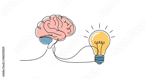 Creative idea generation concept with glowing light bulb and brain silhouette, innovation