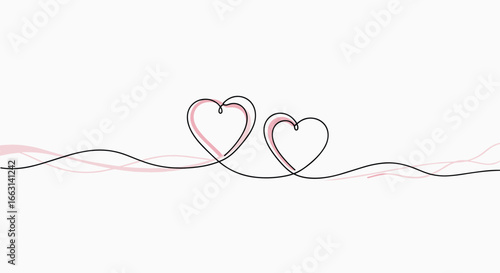 Elegant continuous line art of two hearts symbolizing love, connection, and romance