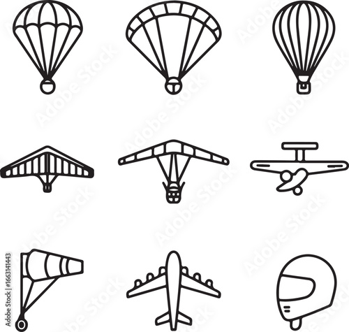 Air Sports Outline Icons Set – Parachute, Paraglider, Hot Air Balloon, Hang Glider, Skydiver, Windsock, Airplane, Helmet