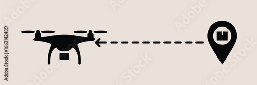 A black drone flying towards a location pin with a package inside connected by a dotted line with arrow