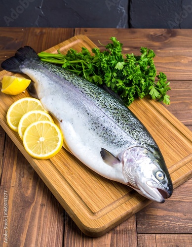 Fresh trout on wooden board with lemon and herbs (1)