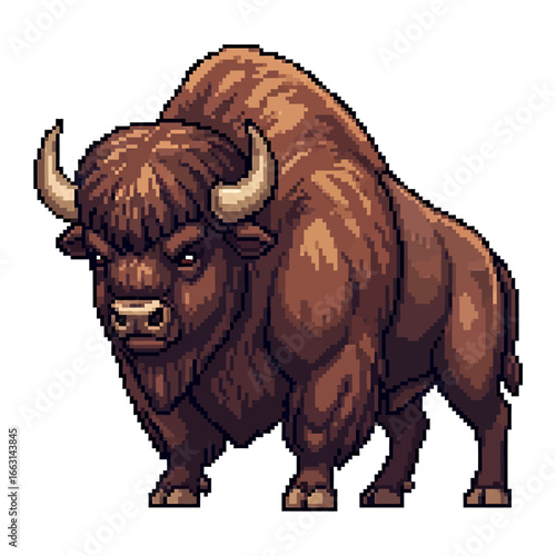 Pixelated illustration of a large, brown bison standing with a determined expression.