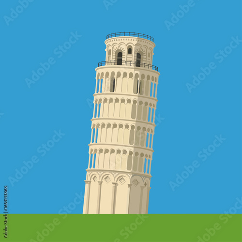 A minimalist digital illustration of the famous Leaning Tower of Pisa against a solid blue sky and green ground.