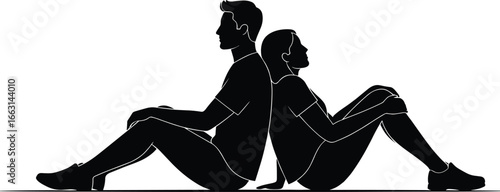Back-to-back seated silhouettes, relationship vector, emotional connection icon, minimalist posture graphic, support and companionship illustration, black design, calm pose