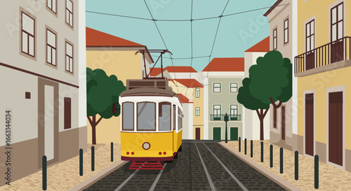 A yellow vintage tram travels down a narrow, charming Lisbon street lined with traditional buildings and trees.
