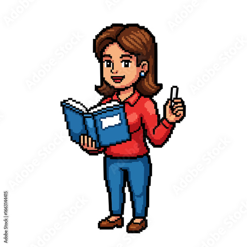 Pixel art illustration of a smiling female teacher holding a book and chalk.