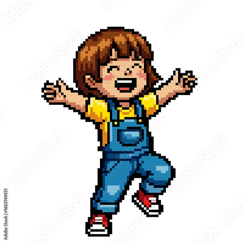 Joyful pixel art girl leaps with arms outstretched, expressing pure happiness.