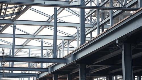 Abstract industrial steel beams create striking patterns in natural construction lighting.