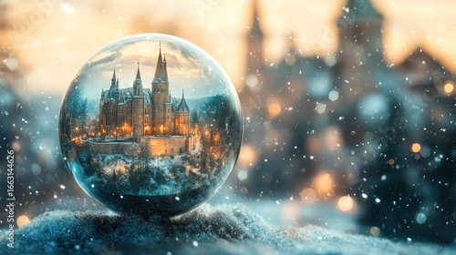 Crystal ball, winter castle reflection