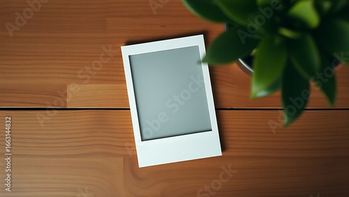 A vintage polaroid frame on a wooden table, captured from an overhead angle in minimalist style.