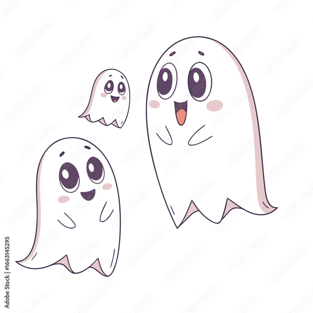 Obraz premium Three Cute Cartoon Ghosts Vector with Friendly Faces for Halloween DesignsCartoon Ghost Trio, Friendly Halloween Ghosts, Cute Ghost Vector 