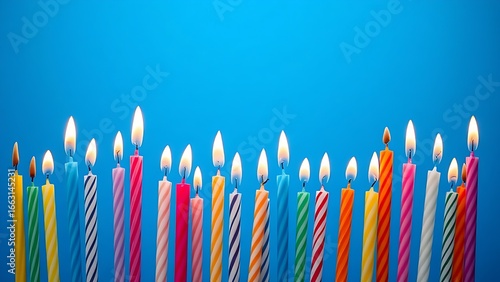 Colorful birthday candles of varying heights glowing softly, arranged on a gradient blue background.