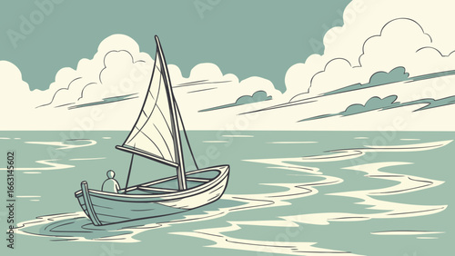 A sailboat with a single passenger sails on the sea under a cloudy sky in a simple illustration