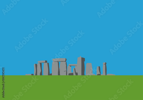 Stylized illustration of the ancient stone monument Stonehenge against a clear blue sky and green grassy field.