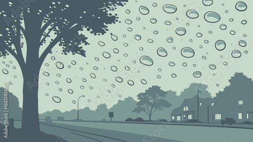 View through a rainy window with trees and houses in the background on a cloudy and overcast day