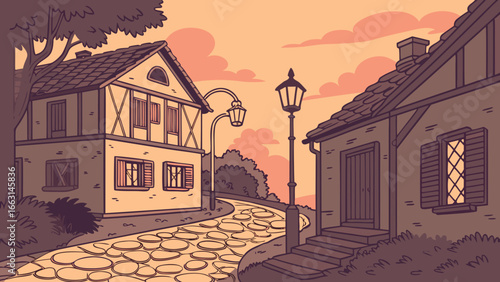 Illustration of a quaint european village street with cobblestone path and vintage street lamps
